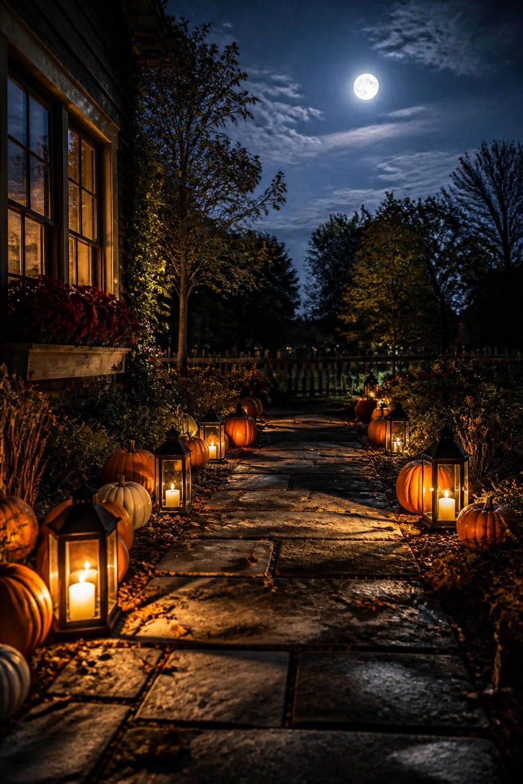 Stone walkway at night lined with orange and white pumpkins and black metal lanterns holding lit candles, beside a house with a window box of flowers under a full moon.