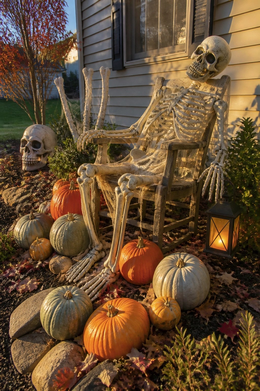 A skeleton seated in a rocking chair on a house porch with pumpkins scattered around the base and a lit lantern nearby.