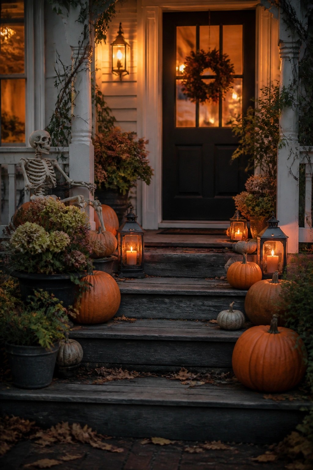 Front porch with a skeleton seated among pumpkins and lit lanterns on the steps of a house with a dark front door.