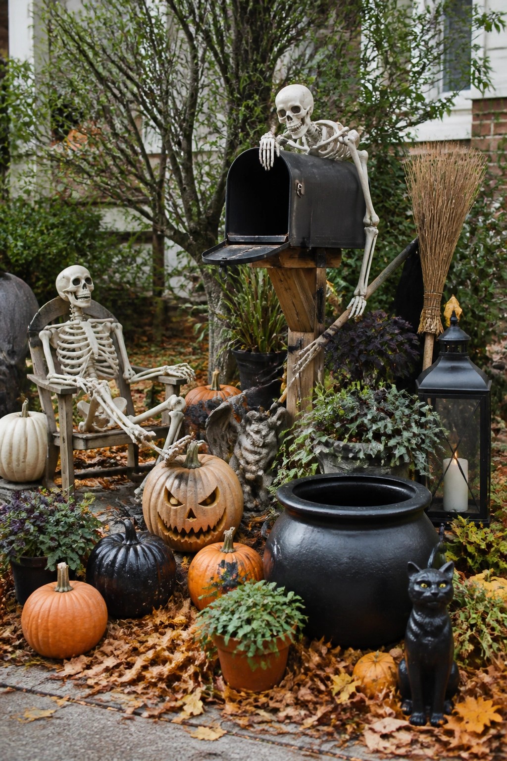 Skeletons on rocking chair and mailbox with pumpkins, cauldron, cat statue amid autumn leaves.