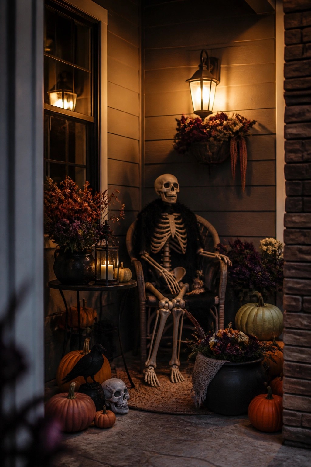 Skeleton in chair on autumn porch amid pumpkins, flowers, crow, and glowing lanterns