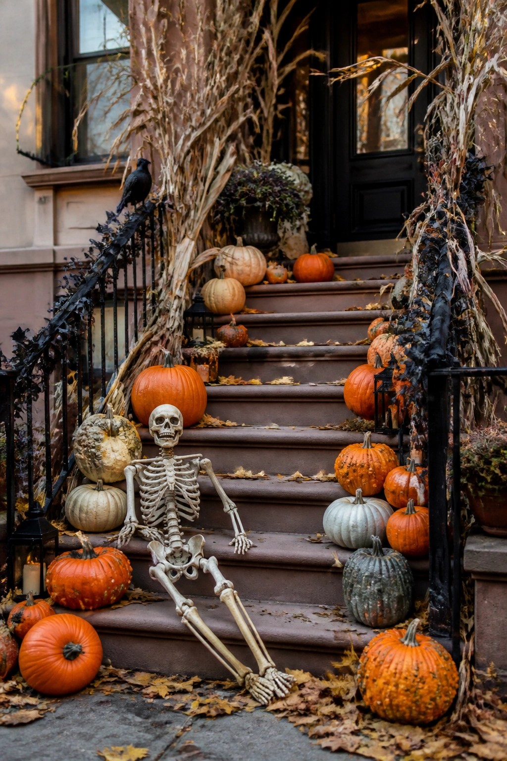 Skeleton seated on brownstone steps amid pumpkins, corn stalks, and autumn leaves