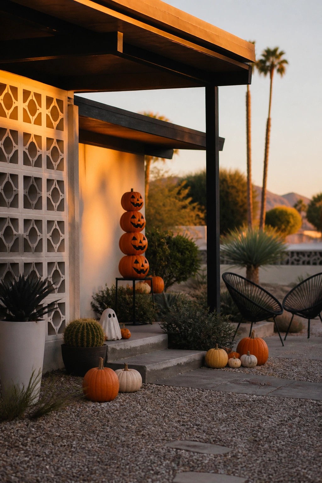 Modern front porch with a tall stack of carved jack o lanterns on a stand beside concrete steps, a small ghost figure below, and scattered pumpkins on gravel.