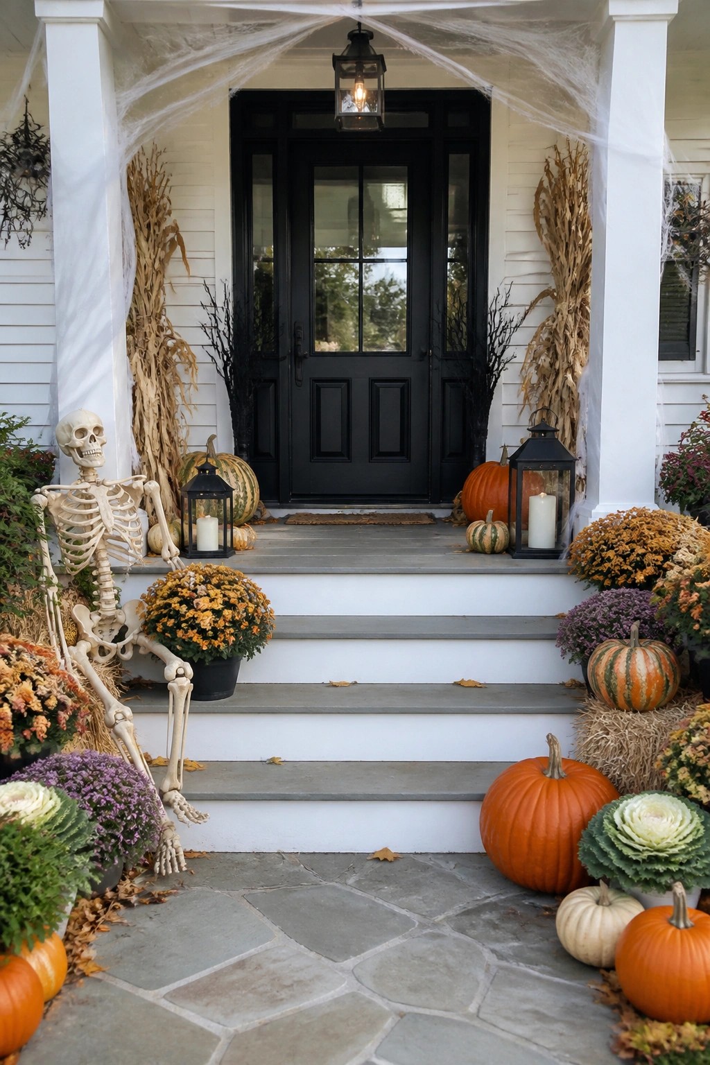 Front porch decorated with a seated skeleton on the steps, spiderwebs on the columns, pumpkins, and fall flowers around a black front door.