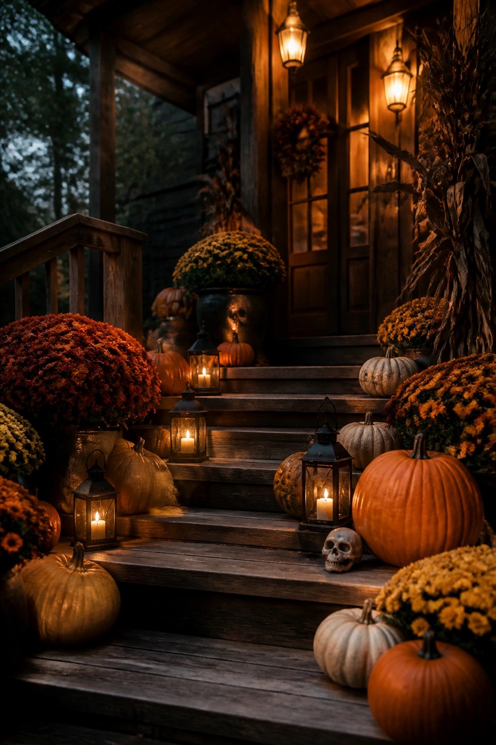 Wooden front porch steps lined with glowing lanterns, orange and white pumpkins, and small skulls among autumn flowers.