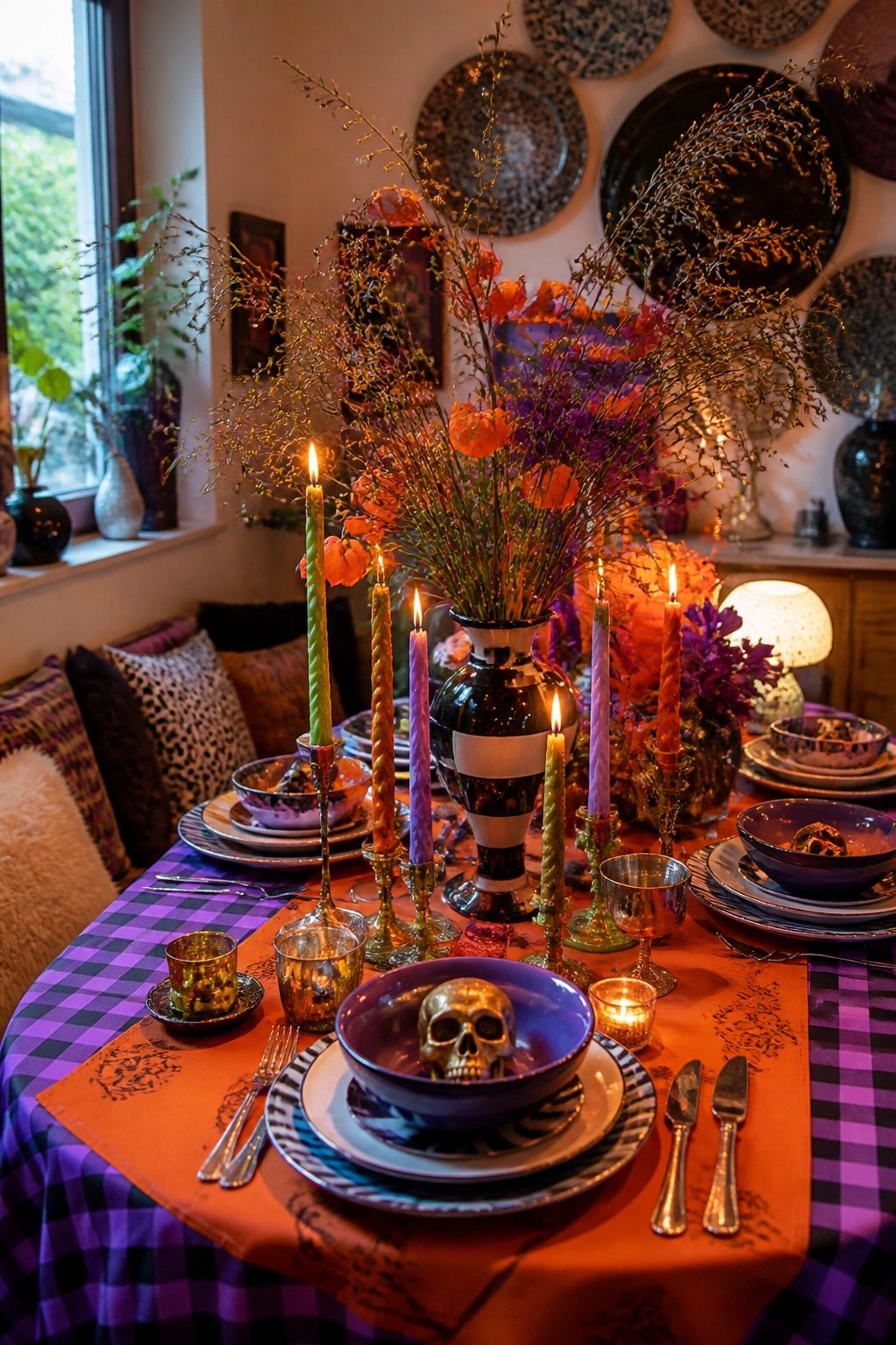Lavishly decorated table with colorful candles, skulls, flowers, and checkered cloth