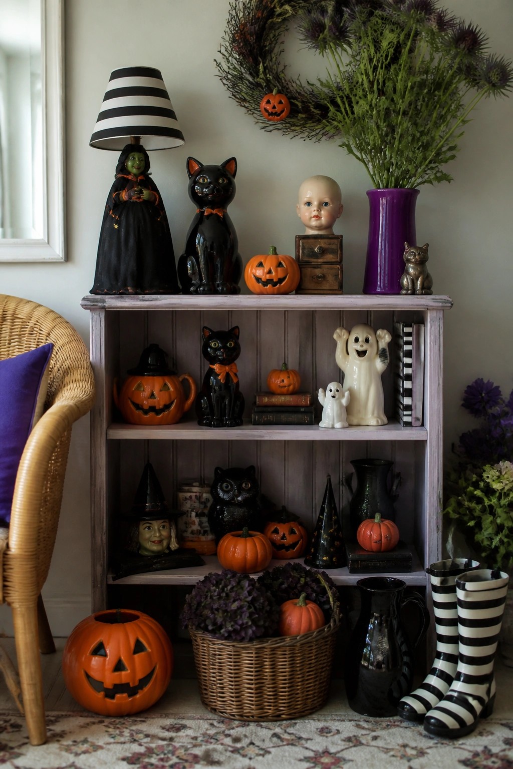 Shelving unit filled with vintage Halloween figurines including black cats, ghosts, witches, and jack o lanterns arranged with small pumpkins and books.