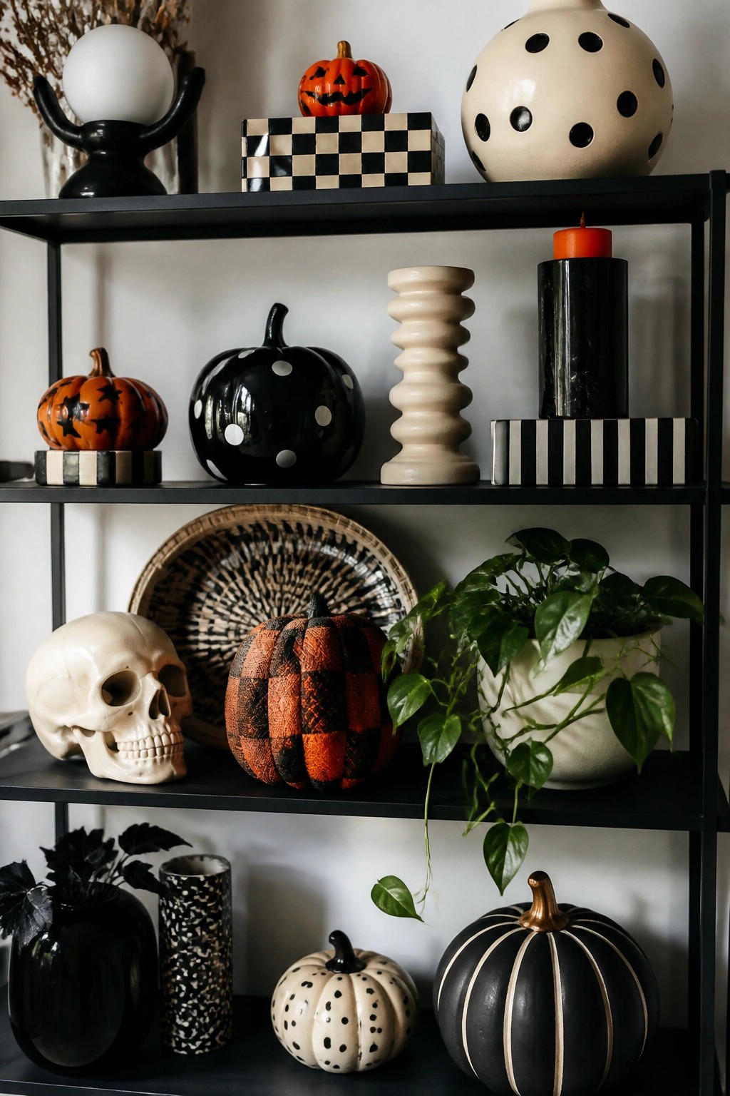 Black open shelves filled with Halloween decorations including carved jack o lanterns, a white skull, black and orange patterned pumpkins, and checkered boxes.
