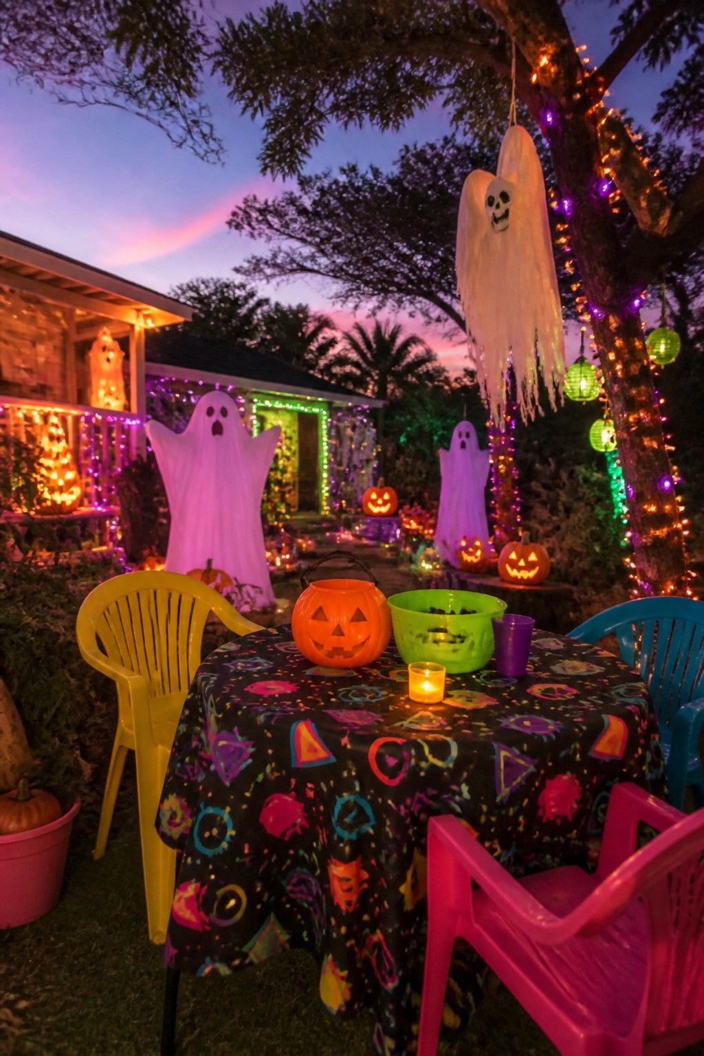 Backyard patio with multiple hanging white sheet ghosts, glowing jack-o'-lanterns, and colorful string lights around a Halloween table setup.