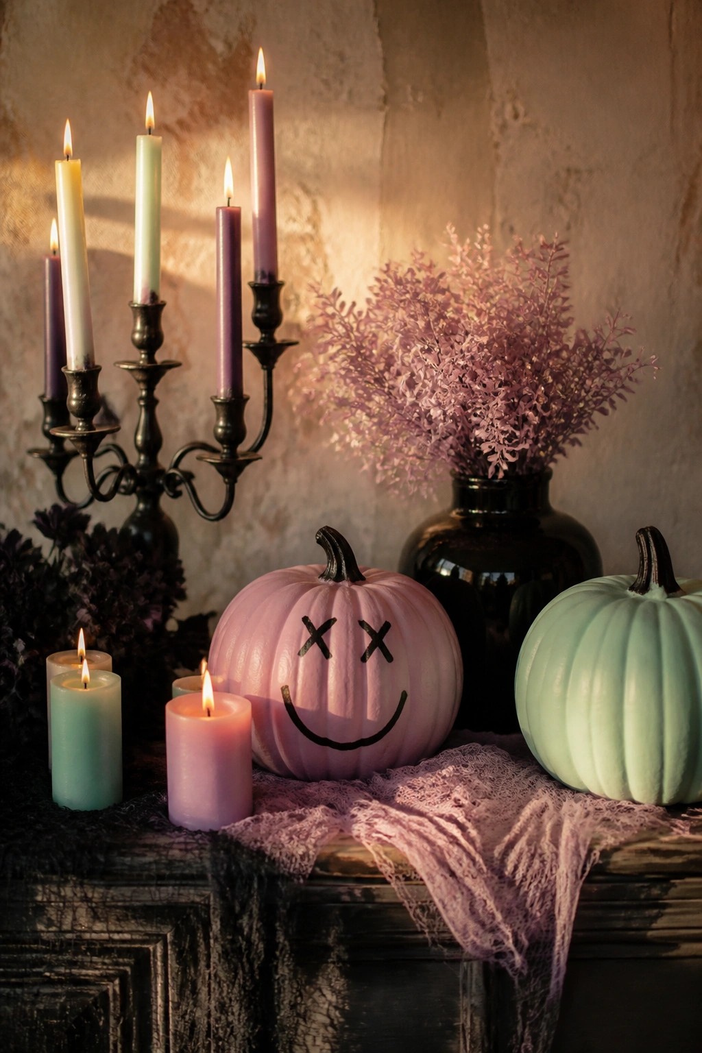 Pink pumpkin with a hand-painted smiley face and X eyes displayed on a dark wooden surface with candles and a black candelabra.