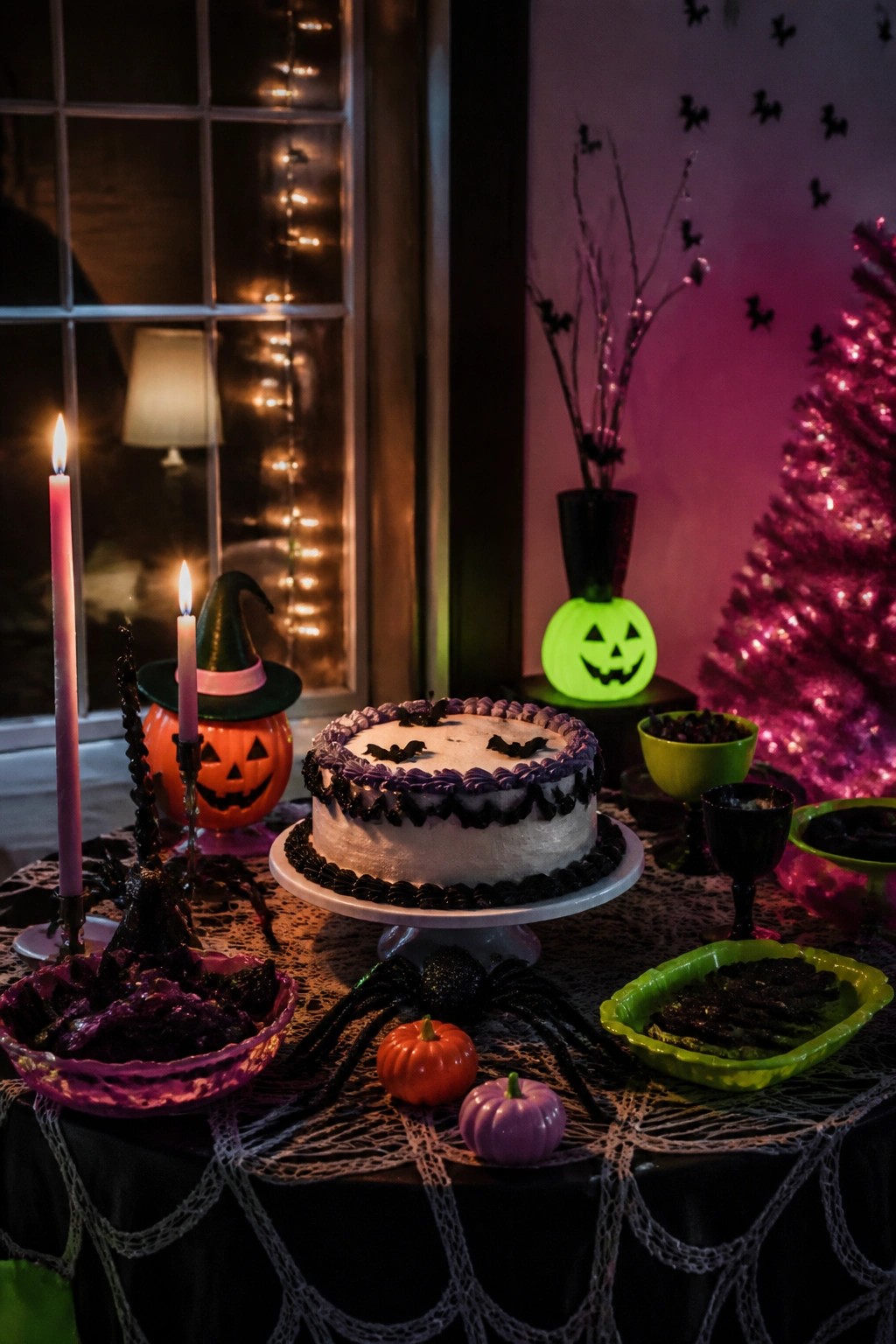 A white cake with black bat decorations sits on a stand surrounded by plastic spiders, candles, and pumpkin bowls on a lace-covered table.