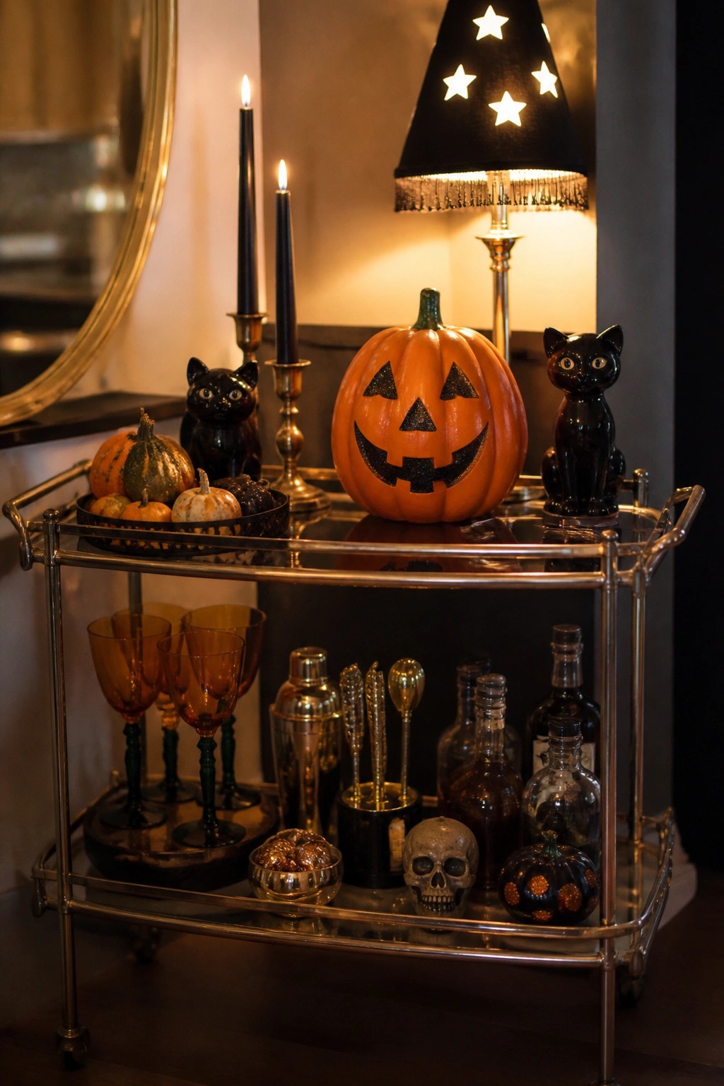 A bar cart styled for Halloween with a large carved pumpkin on the top shelf, black cat figurines, black candles, and a skull on the bottom shelf.