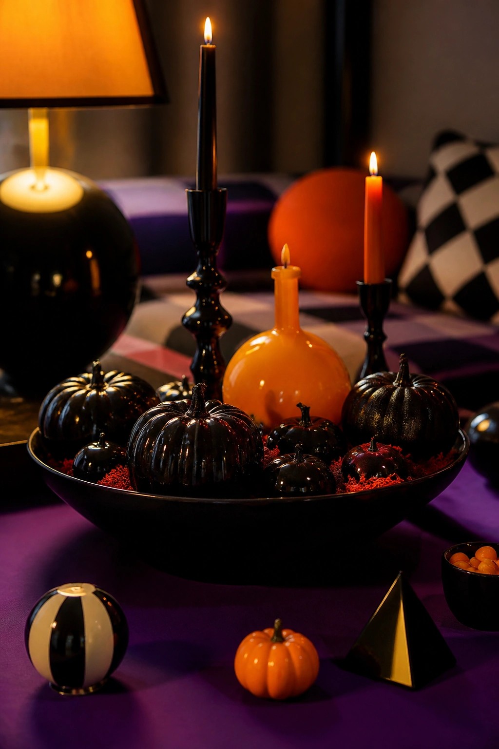 A large black bowl filled with glossy black pumpkins and lit orange candles sits on a purple surface as the main Halloween display.