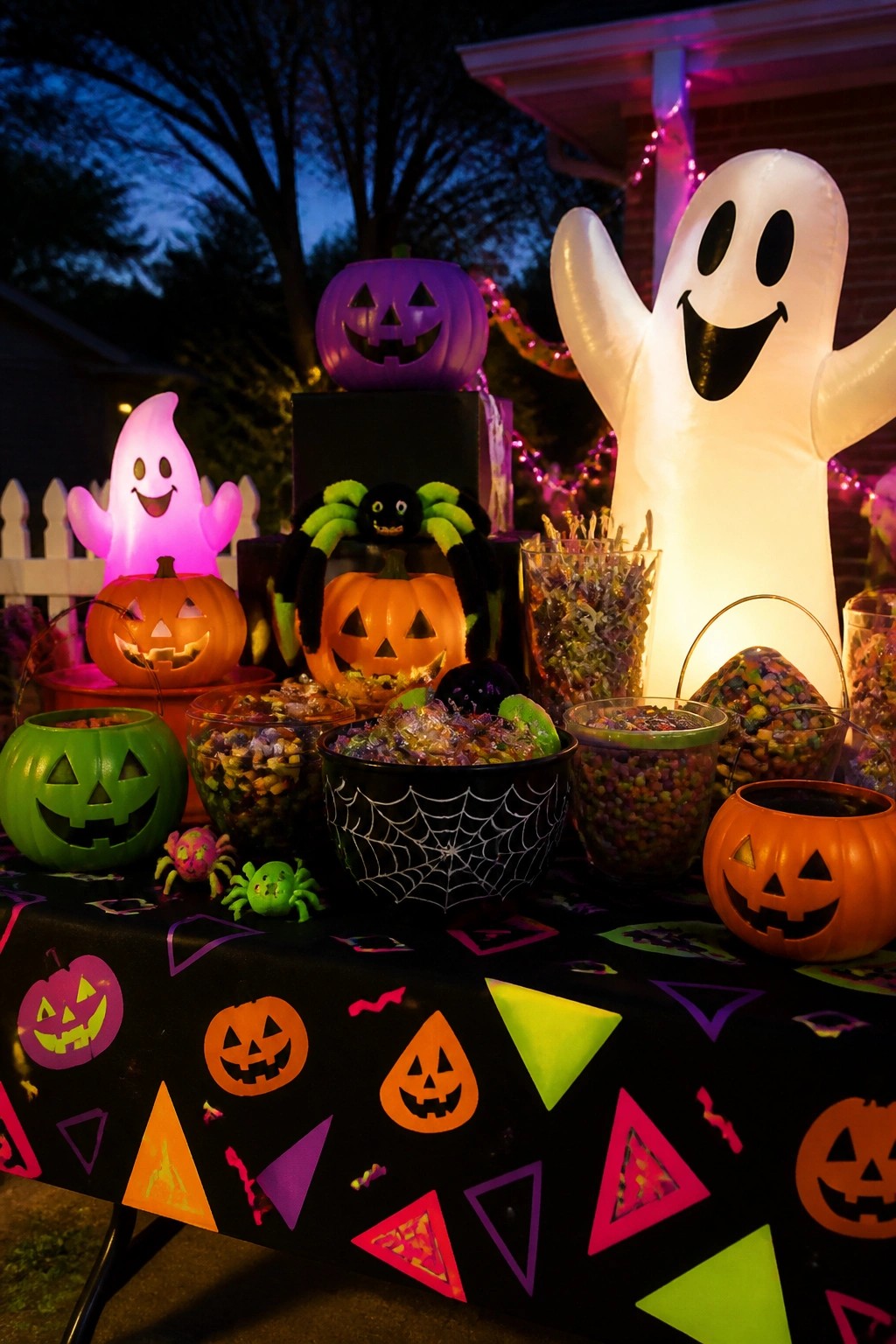Outdoor table set up as a Halloween candy station with carved jack o lanterns, inflatable ghosts, plastic spiders, and bowls of candy on a black patterned tablecloth.