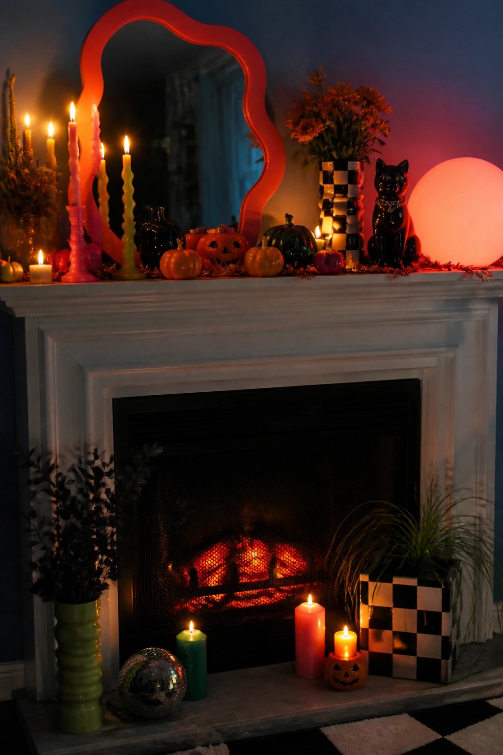 White fireplace mantel styled for Halloween with colorful twisted candles, small pumpkins including jack o lanterns, a black cat figurine, checkered accents, and a red wavy mirror above.