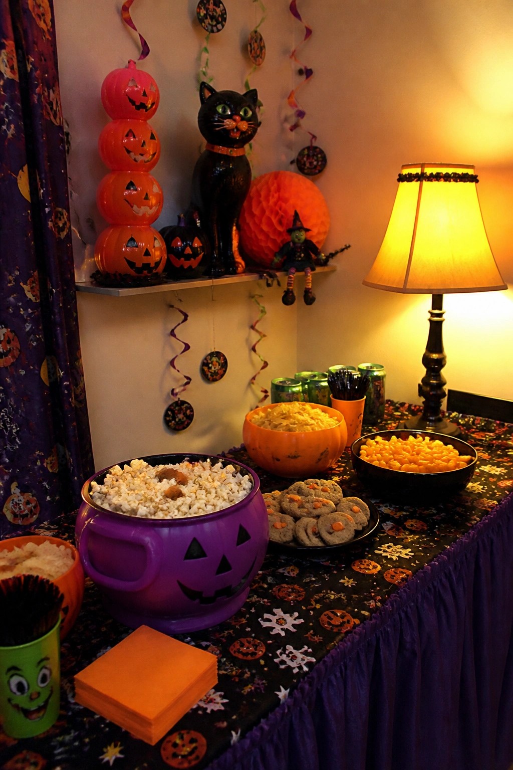 A Halloween party table set with a purple jack o lantern bowl of popcorn, an orange pumpkin bowl of chips, pumpkin face cookies, candy corn, and stacked jack o lantern lights on a shelf above.