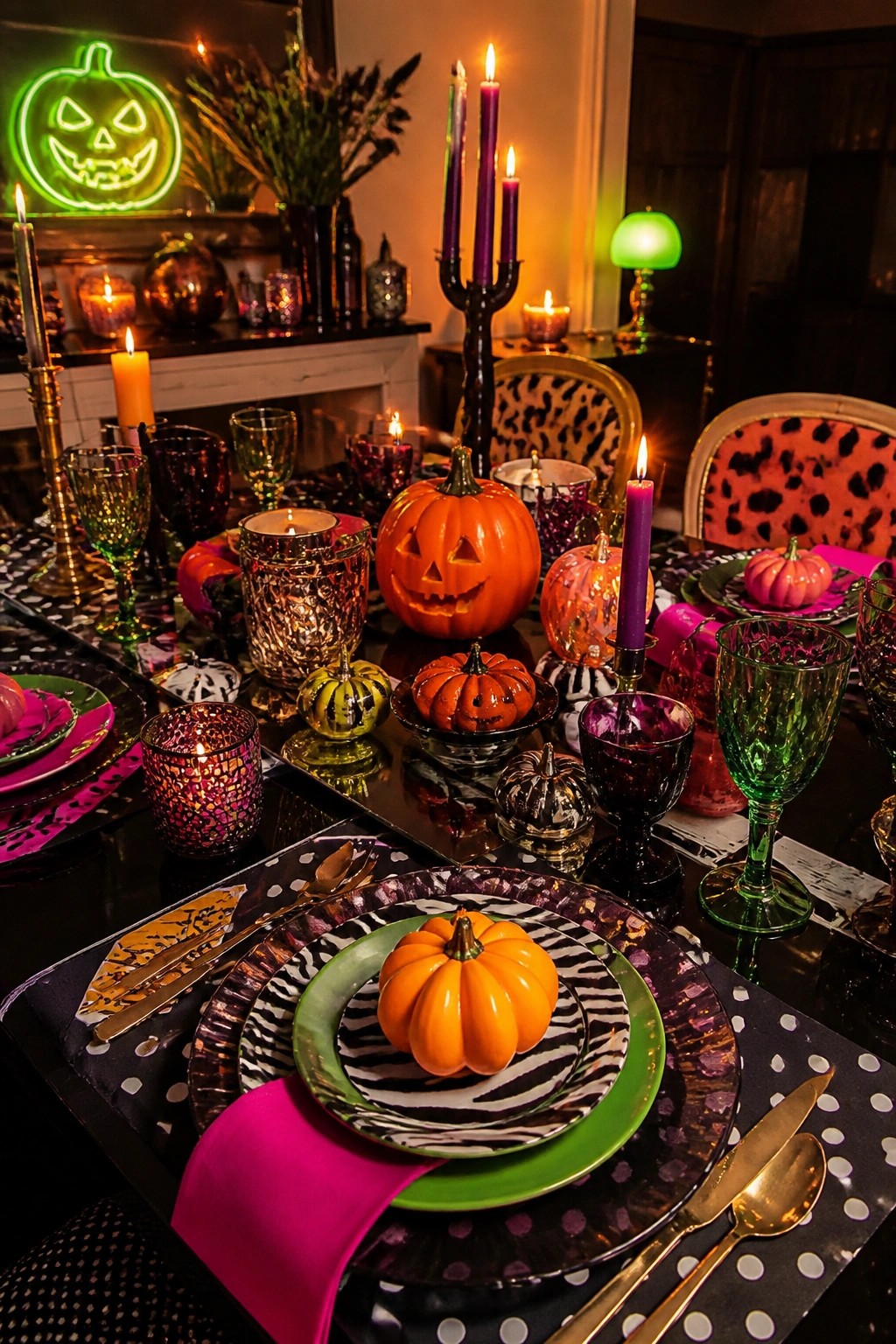 Lavish Halloween table with carved pumpkins, lit candles, colorful glassware, and zebra plates