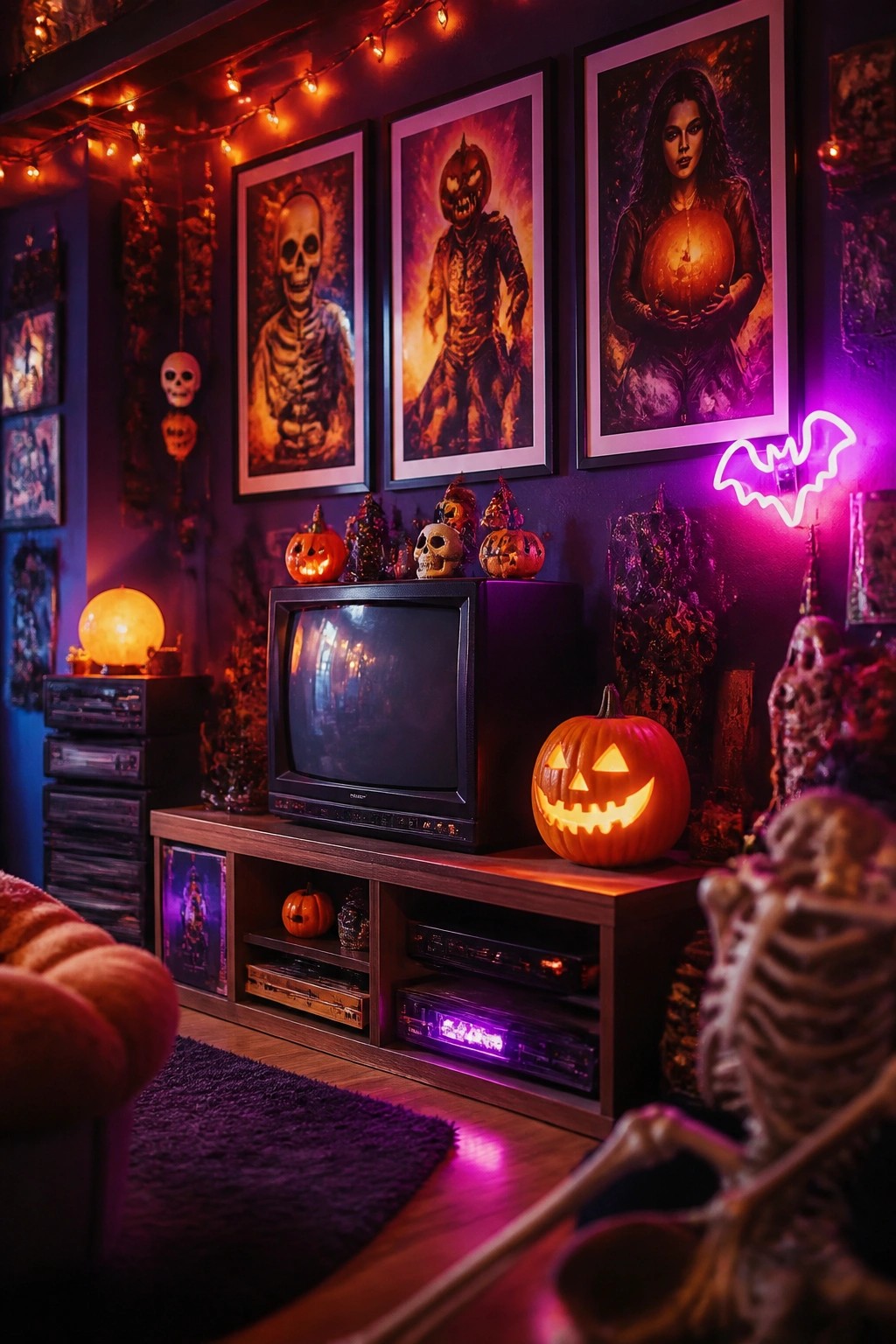 Living room corner with a retro CRT television on a wooden console, framed horror posters on the wall above it, and small jack-o'-lanterns and skulls placed around the TV.