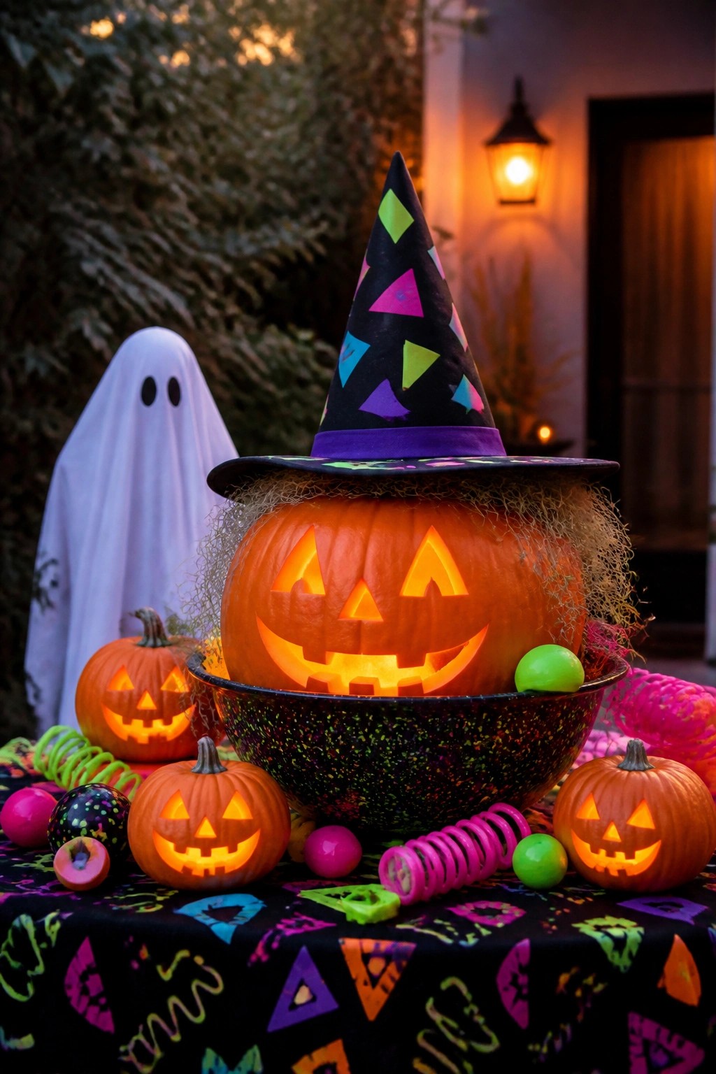 A large carved jack o lantern wearing a colorful witch hat sits in a speckled bowl on a patterned tablecloth, surrounded by smaller glowing pumpkins and retro neon decorations.