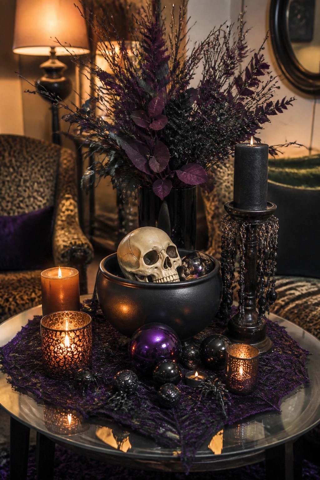 Skull in black bowl with purple spheres, lit candles, spiders on lace tablecloth