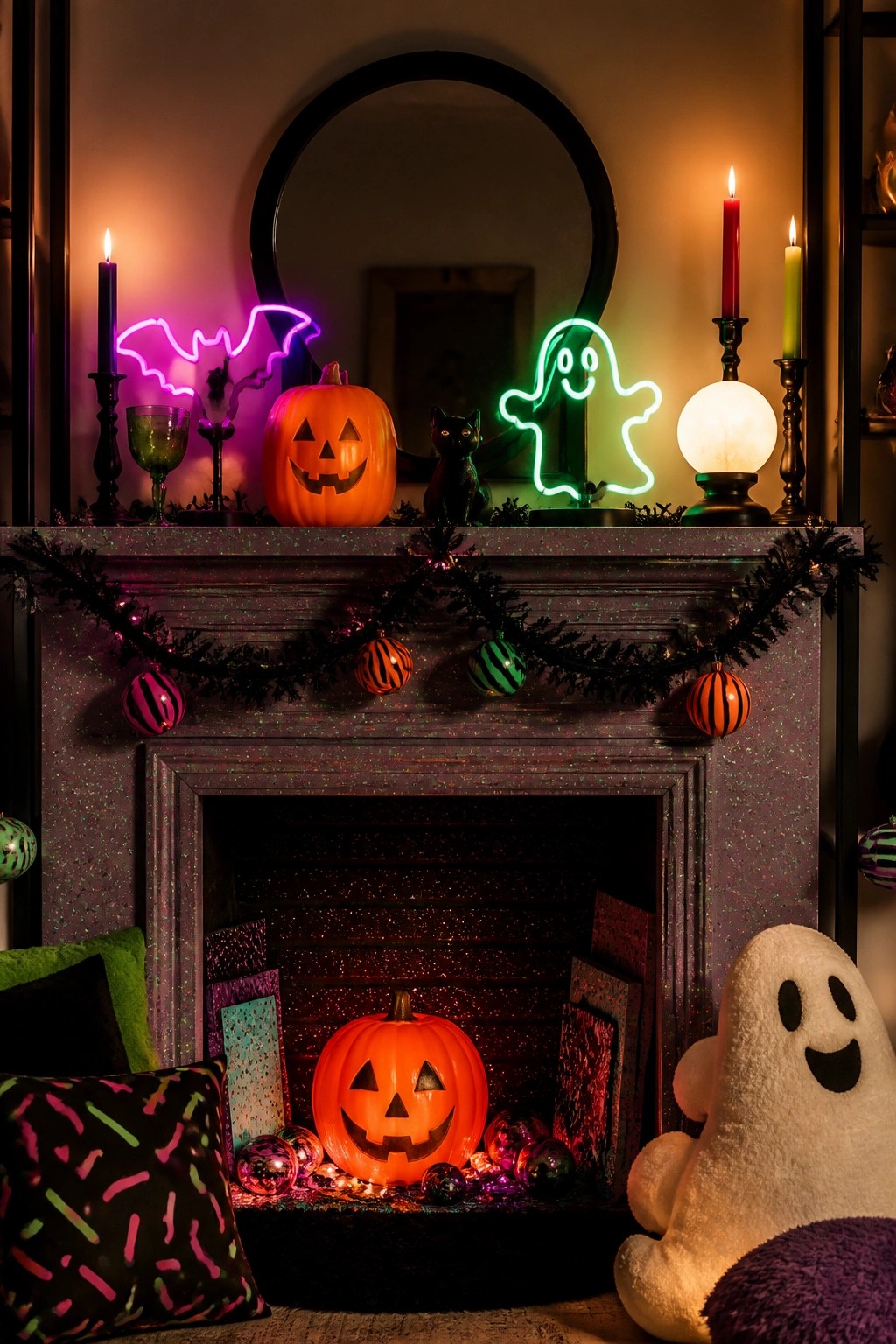 Fireplace mantel decorated with purple bat and green ghost neon signs, orange pumpkins, black garland with striped ornaments, and lit candles.