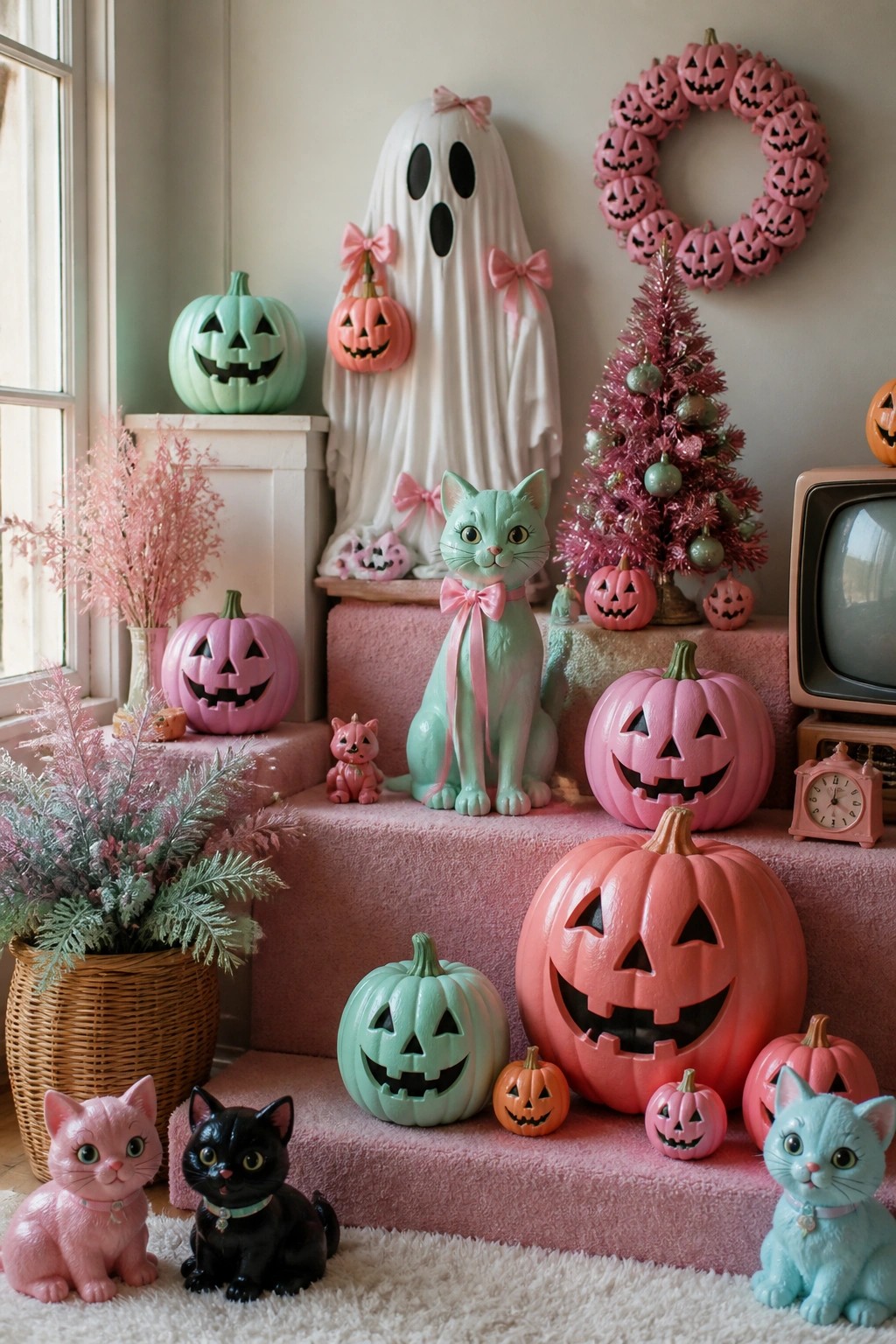 A pink carpeted staircase lined with pastel jack-o'-lanterns and retro cat figurines, with a white ghost figure and pink pumpkin wreath in the background.