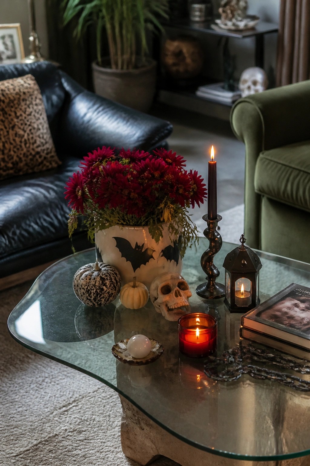 Coffee table with a white pot covered in black bats, a skull, small pumpkins, lit candles, and dark chains in a living room setting.