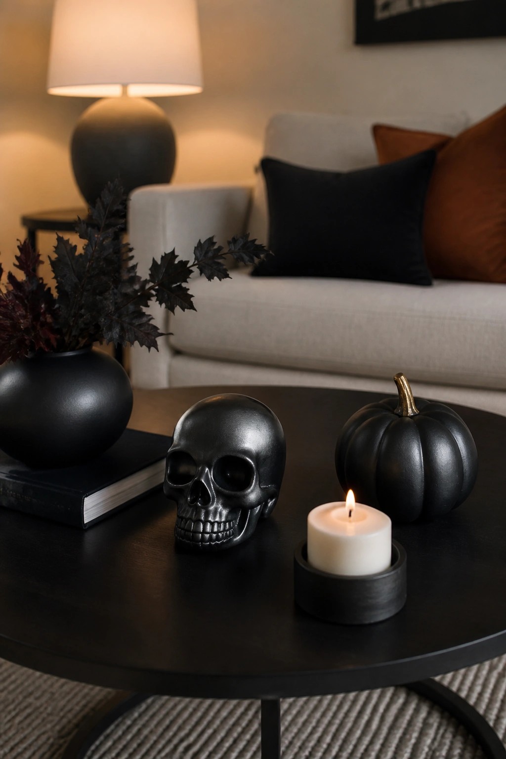 Black skull, black pumpkin, and lit white candle arranged on a dark round coffee table in a living room.
