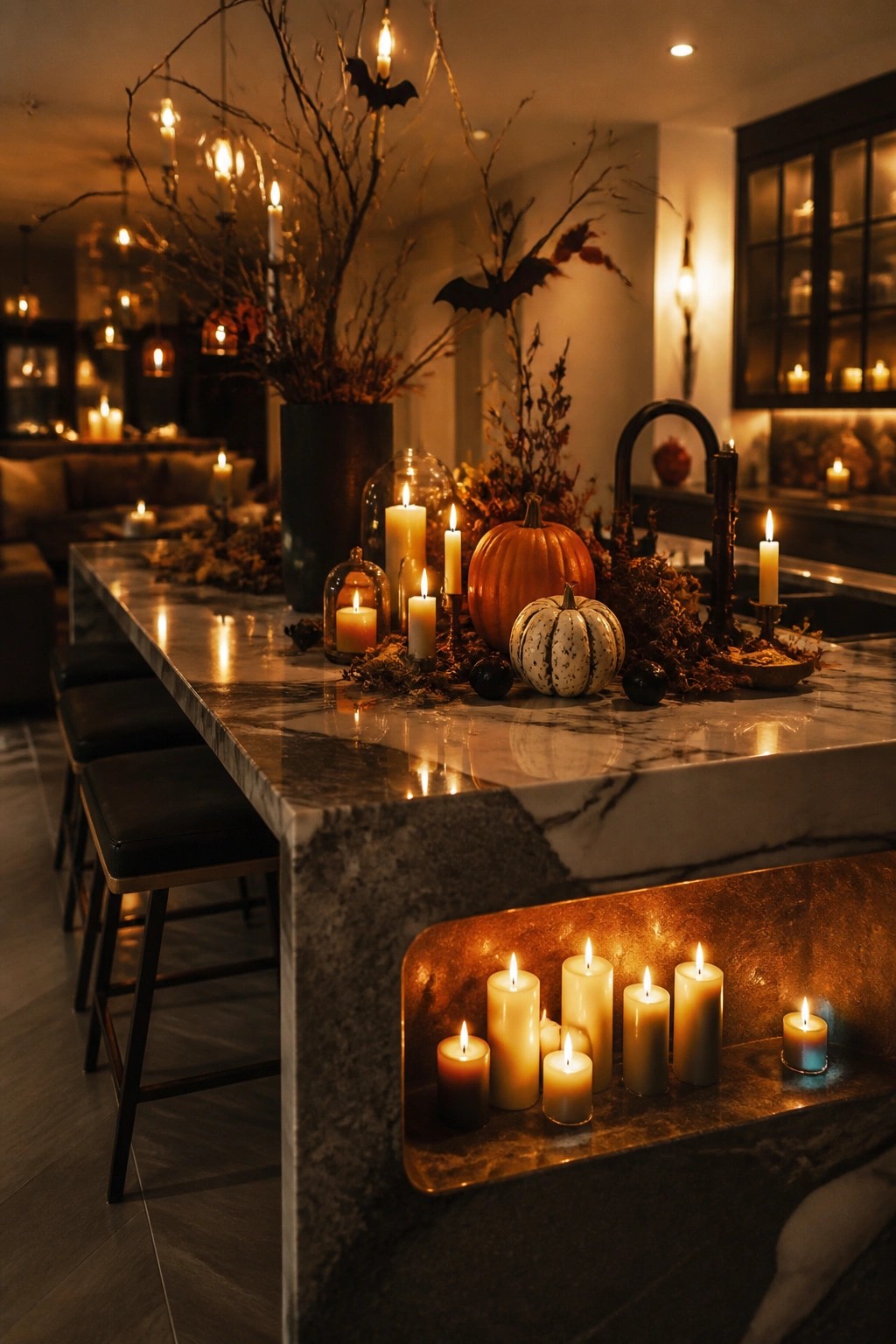 Dimly lit marble kitchen island with glowing candles, pumpkins, branches, and bat decorations.