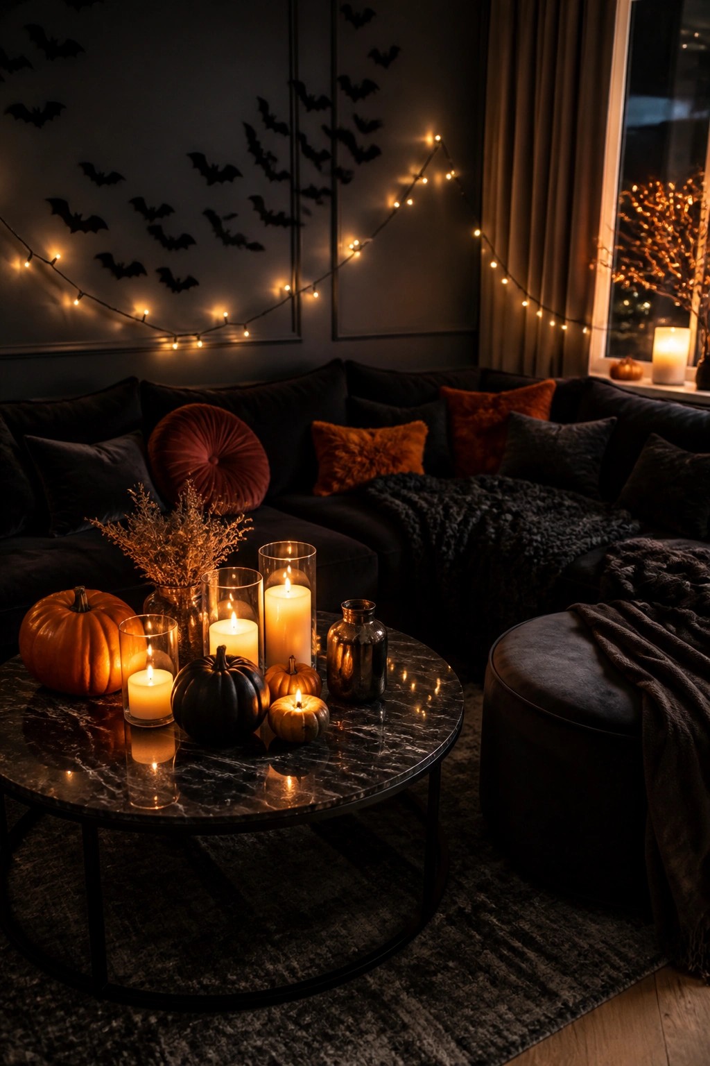 Dark living room with a sectional sofa, marble coffee table holding pumpkins and candles, and a wall covered in scattered black bat decorations with string lights.