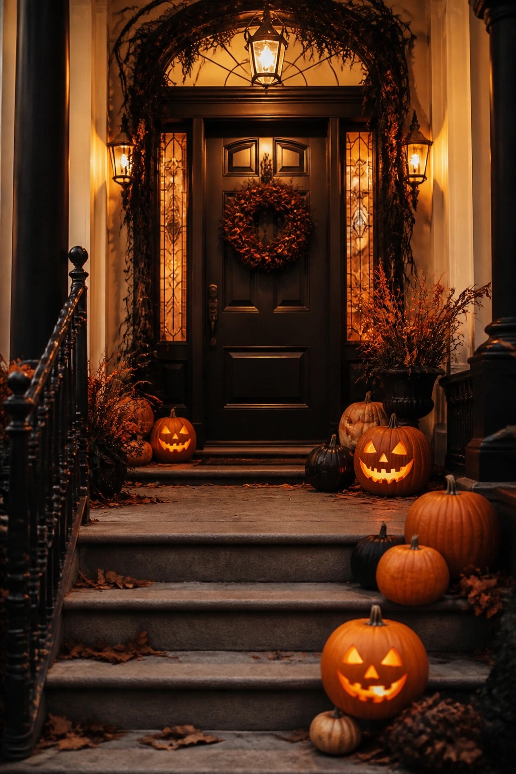 Front entrance with multiple carved and lit jack-o-lanterns arranged on the stone steps and porch beside a dark door.