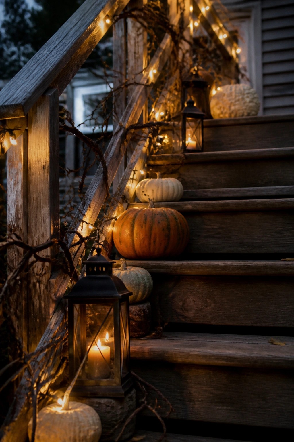 Wooden stairs with pumpkins, candlelit lanterns, string lights, and branches.