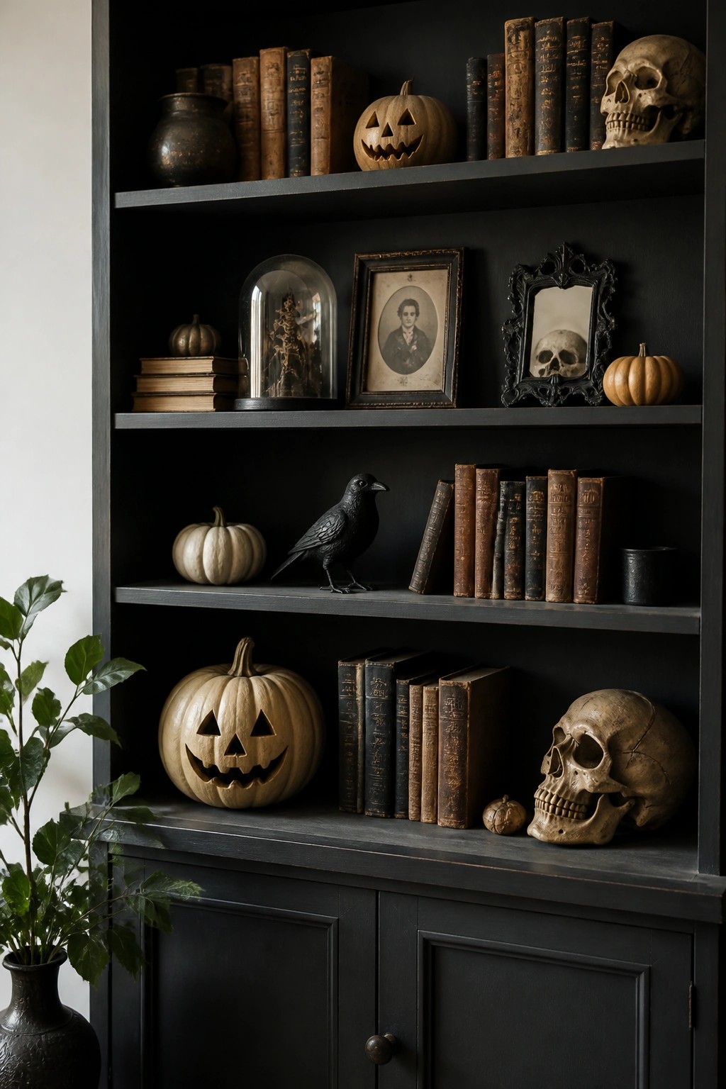 Dark built-in shelves styled with human skulls, carved jack o lanterns, old books, a black crow figurine, and vintage framed portraits.