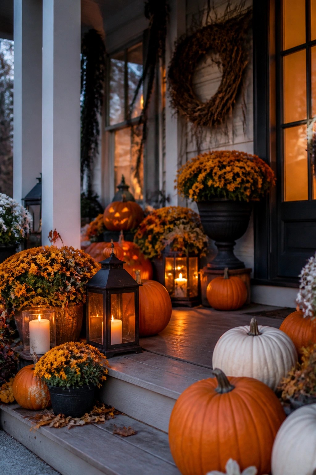 Front porch steps lined with carved jack o lanterns, black metal lanterns, orange and white pumpkins, and pots of yellow mums.