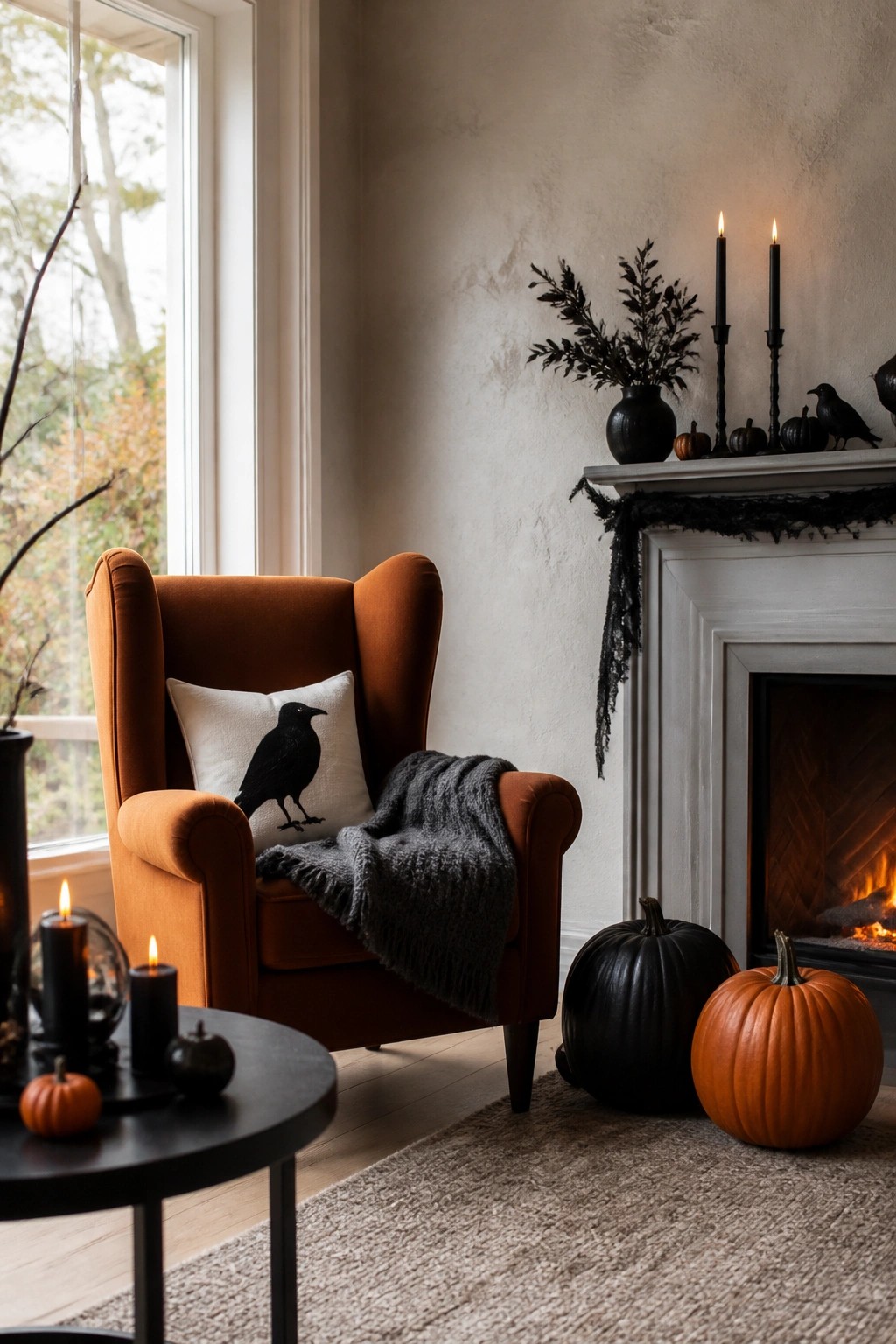 A living room fireplace mantel styled for Halloween with black candles, a dark vase holding branches, small black pumpkins, and crow figures.