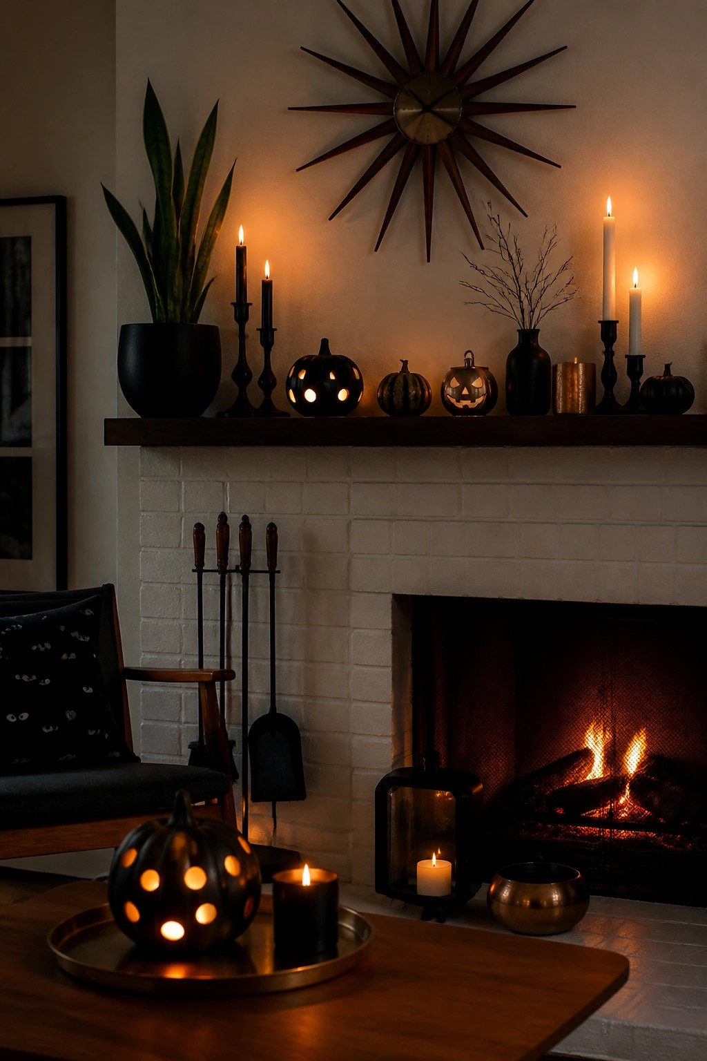 White brick fireplace with a dark wood mantel holding carved jack-o'-lanterns, black taper candles, and small pumpkins.