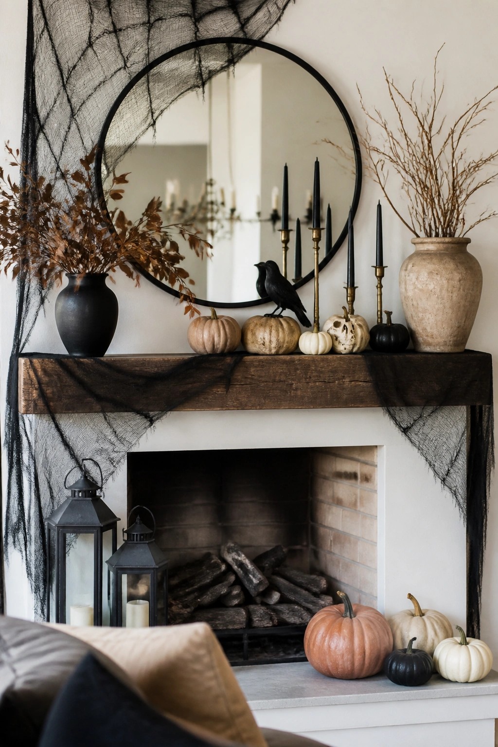 Fireplace mantel styled for Halloween with black spiderweb fabric, black taper candles, a small black crow, and neutral pumpkins.