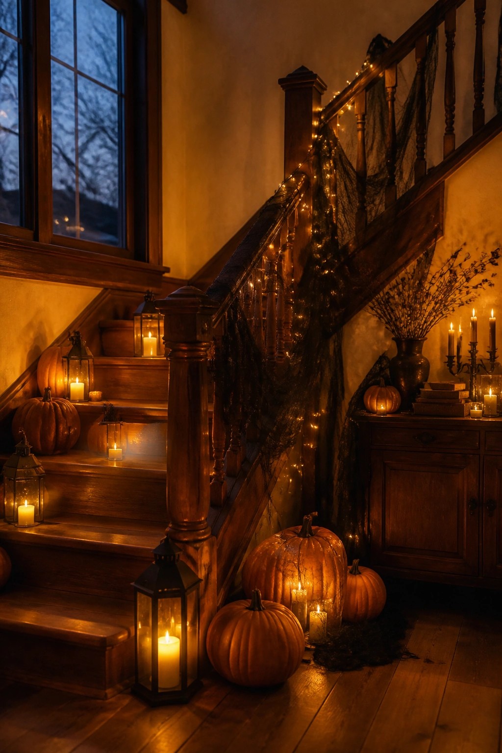 Wooden staircase decorated with string lights, black netting, pumpkins, and lanterns for Halloween.