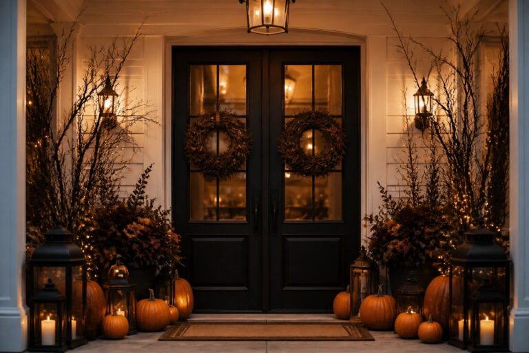 Front entrance with multiple carved and lit jack-o-lanterns arranged on the stone steps and porch beside a dark door.
