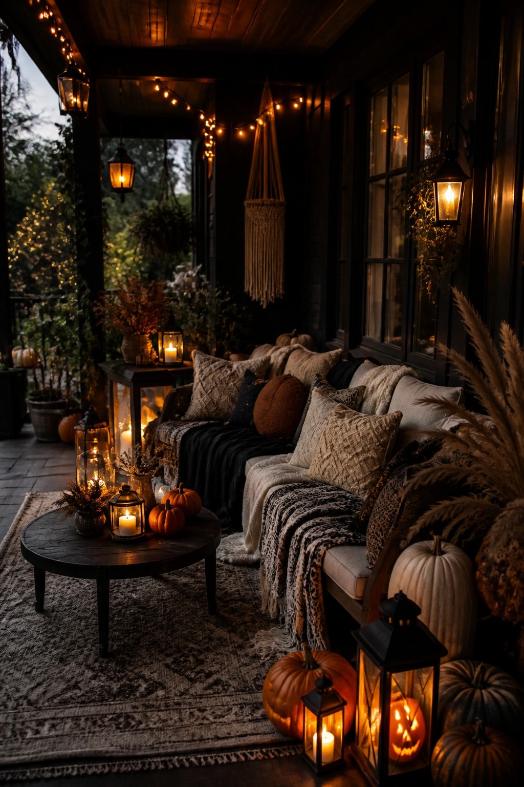 Dark front porch with carved jack-o'-lanterns, glowing lanterns, string lights, and neutral seating arranged for Halloween.