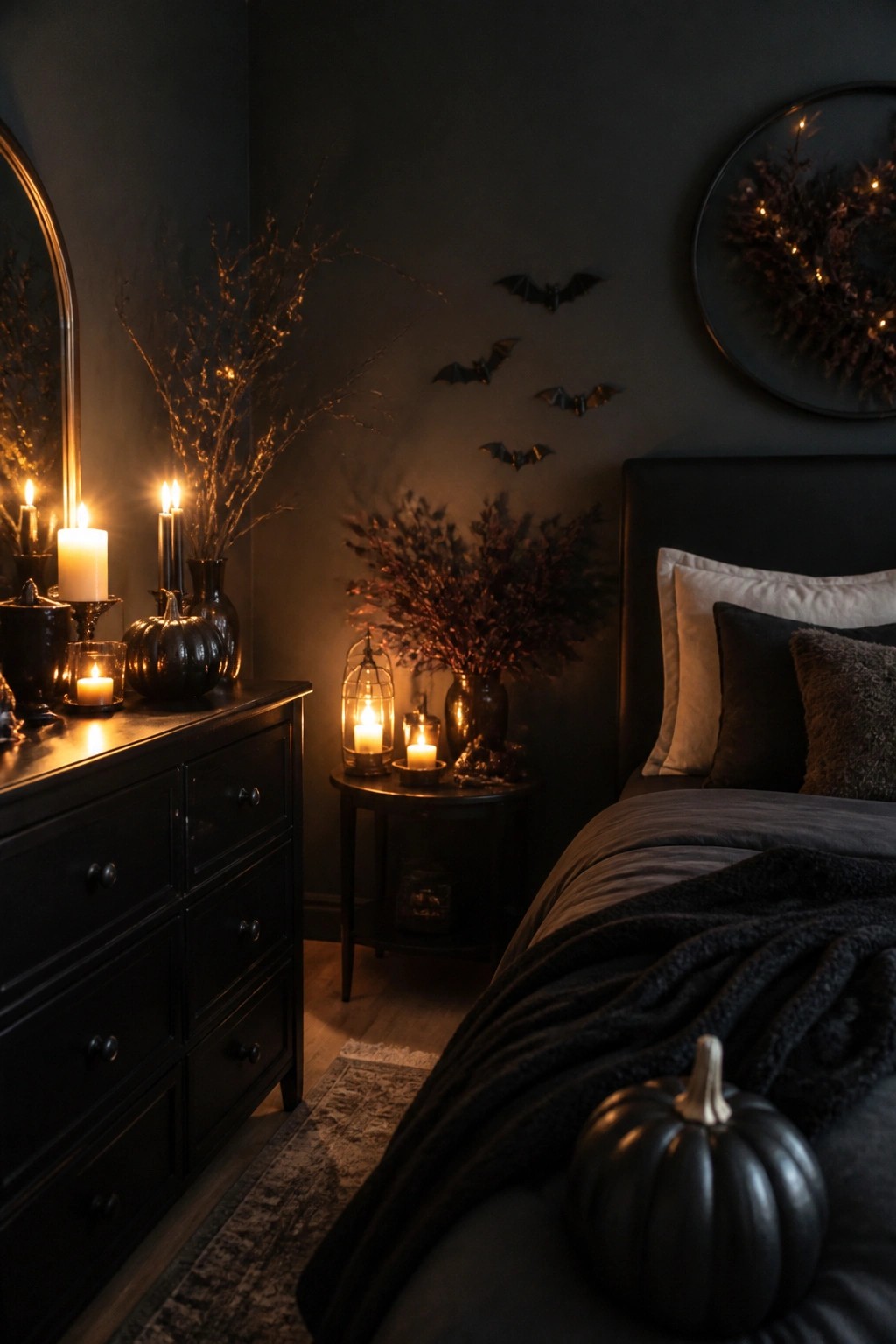 Dark bedroom with several black bat decorations mounted on the wall above a small table, black pumpkins on the dresser and bed, and multiple lit candles.