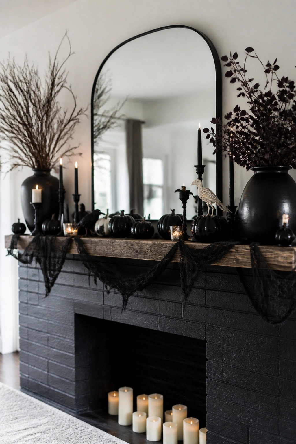 Black brick fireplace with a wooden mantel holding black pumpkins, crows, candles, and dark branches beneath a large arched mirror.