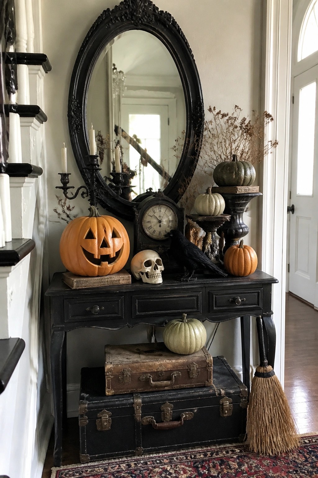Entryway console table styled with a carved jack o lantern, skull, black bird, neutral pumpkins, and vintage suitcases for Halloween.