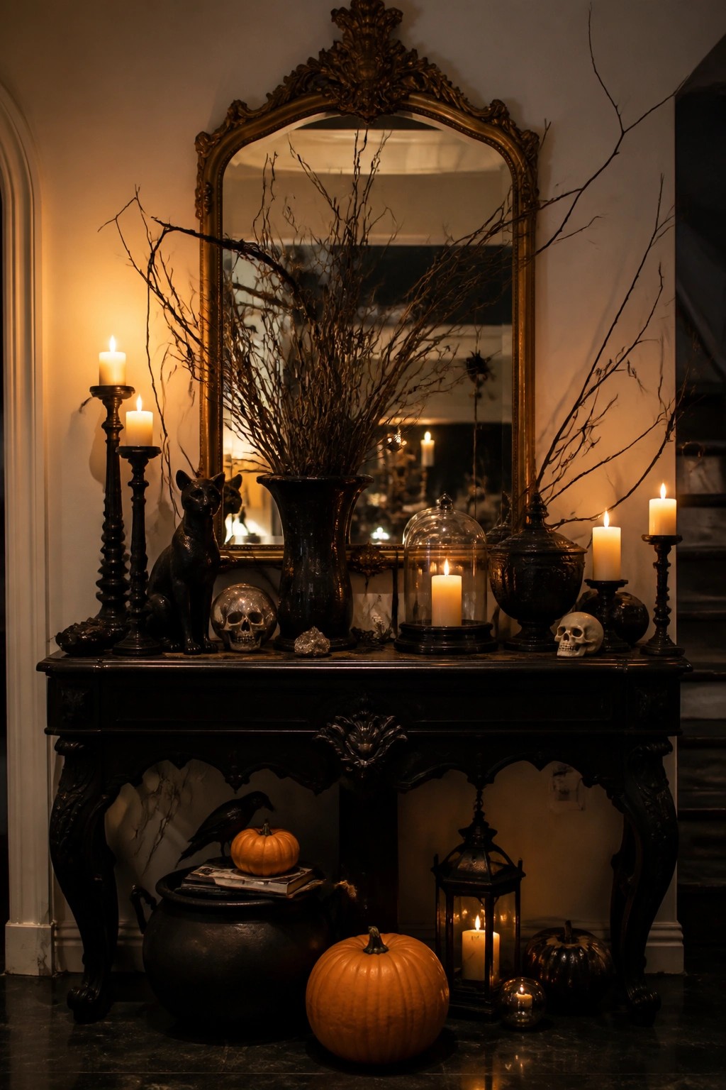 Ornate entry console styled for Halloween with black branches in a vase, two skulls, a black cat statue, and several lit candles.