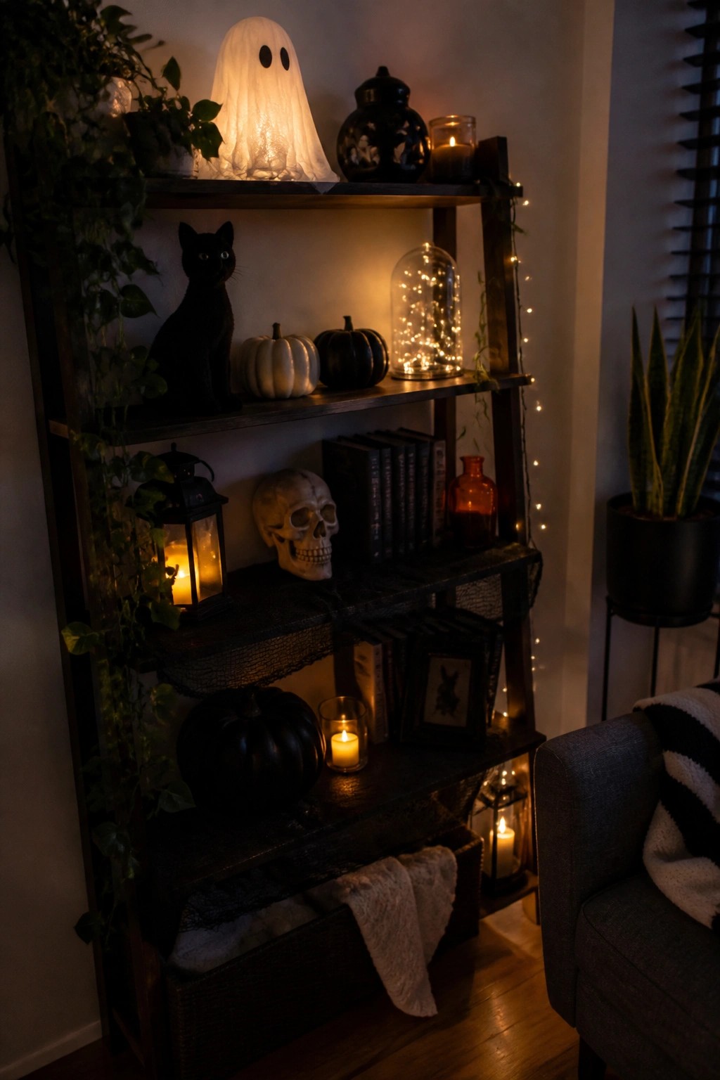 Dark wooden shelves decorated with a glowing white ghost on top, a black cat figurine, a skull, small pumpkins, and lit candles.