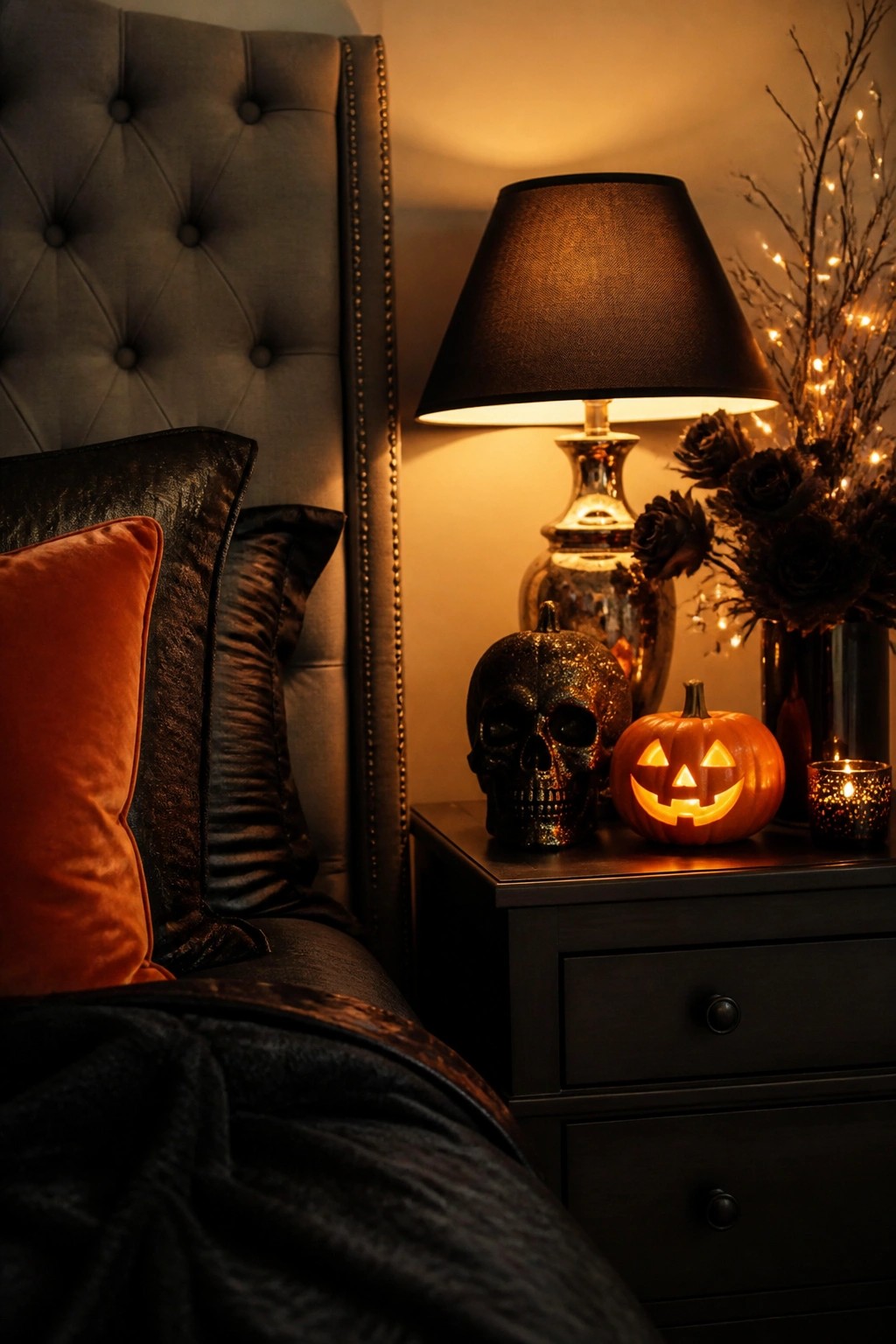 Bedroom nightstand holding a glittery black skull and a lit jack-o'-lantern beside a lamp with dark bedding in view.