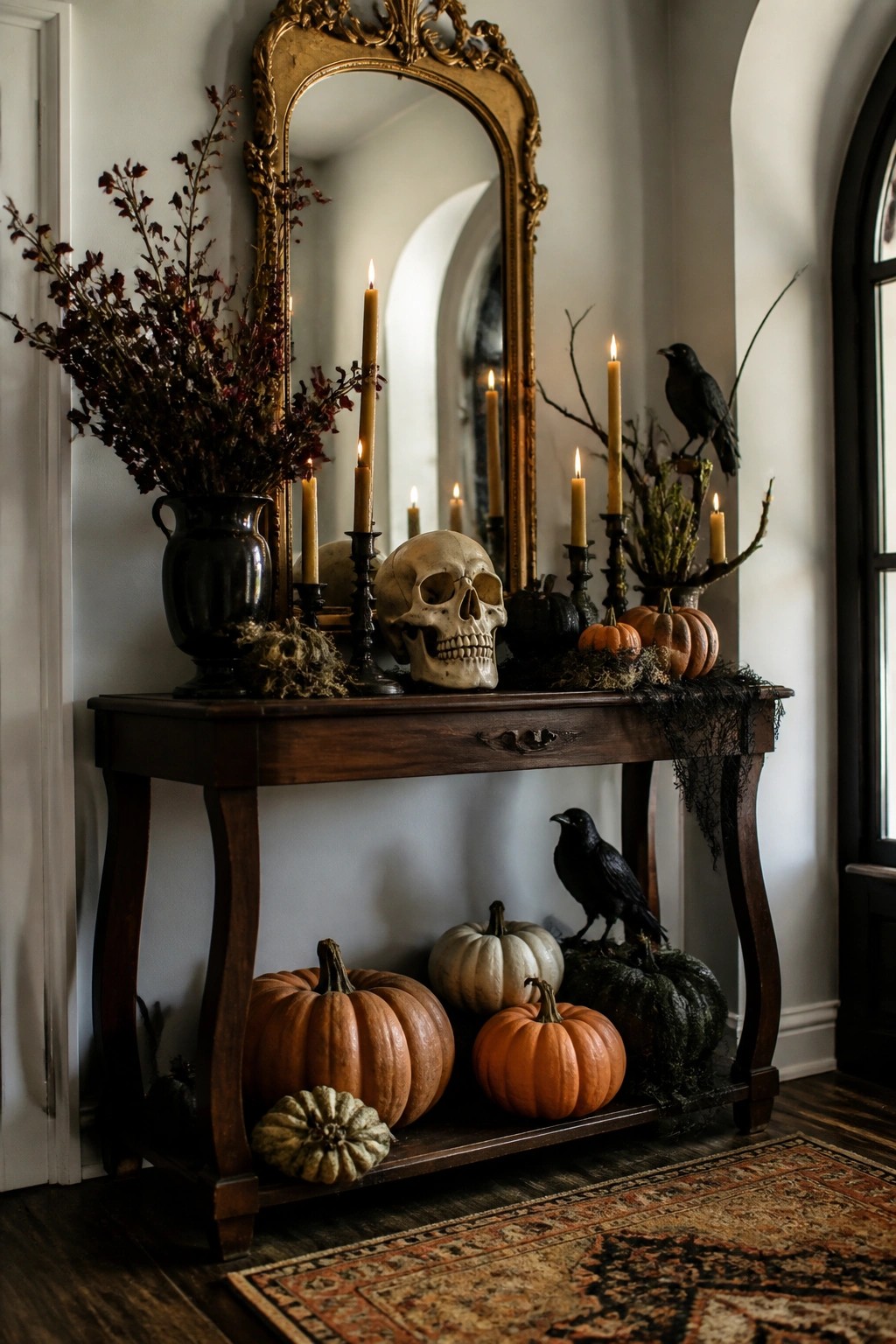 Entryway console table decorated with a central skull, lit taper candles, black birds, and small pumpkins.