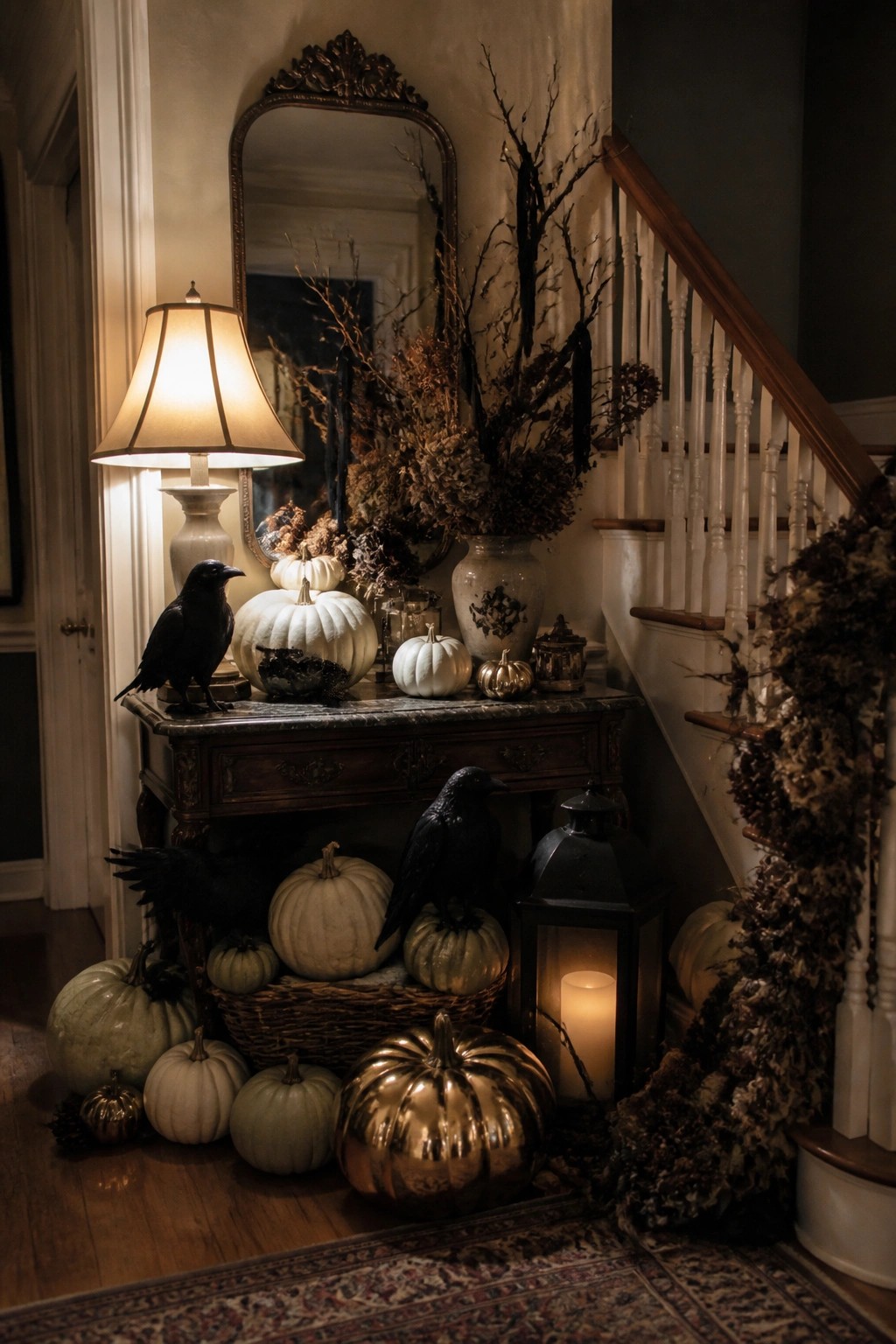 Entryway console table styled with black crows, white and metallic pumpkins, and dark branches under an ornate mirror.