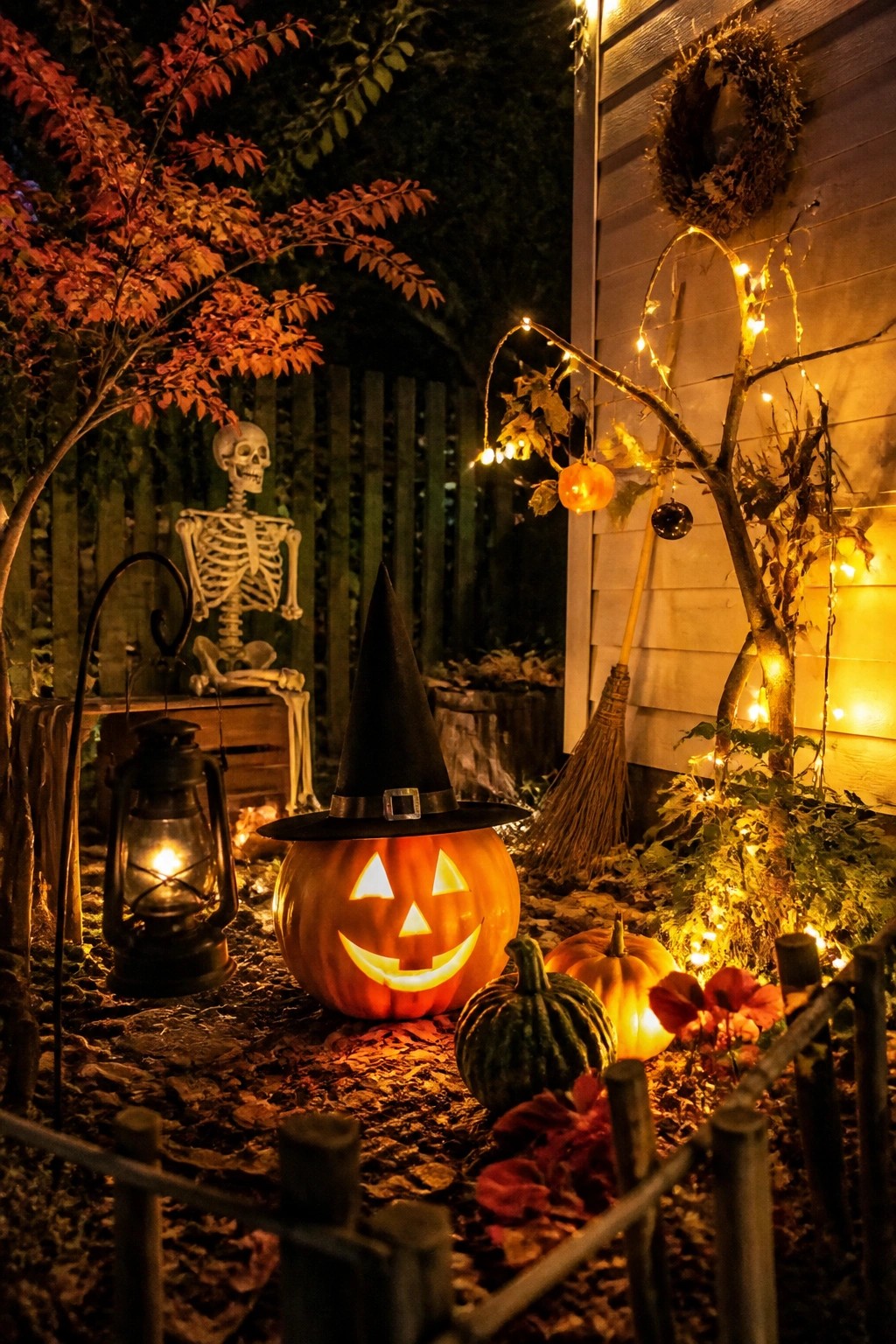 Glowing jack-o'-lantern with witch hat near skeleton, lantern, and string lights at night