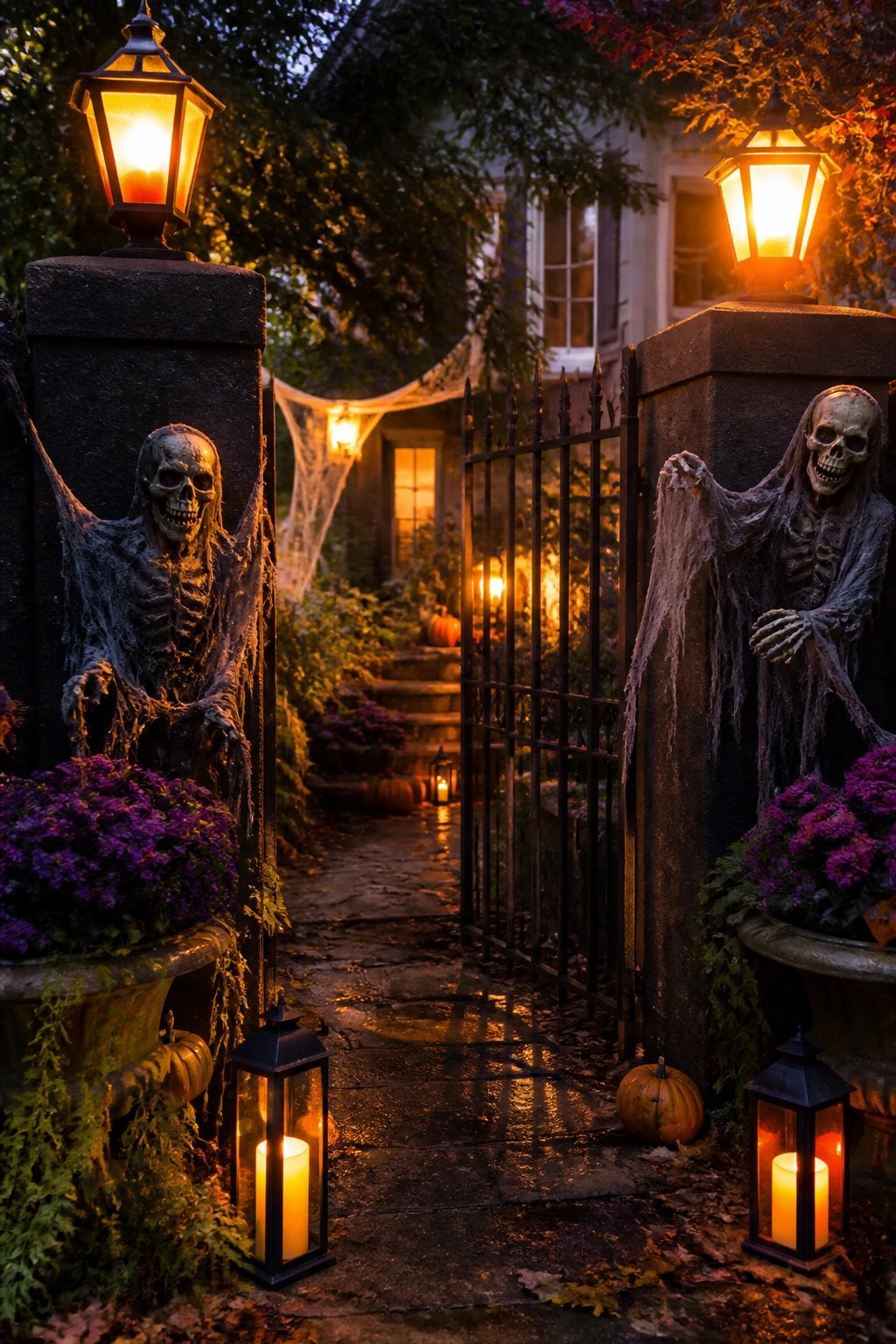 Spooky skeletons on stone pillars flank open gate with glowing lanterns and pumpkins.